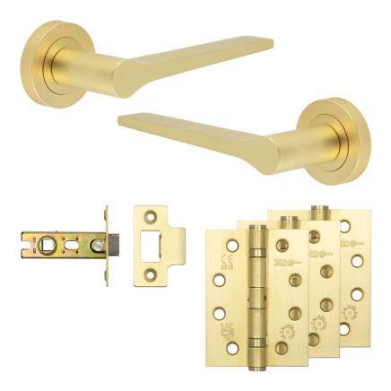 Complete Gio Door Handle Pack - Internal Doors - Satin Brass - 64mm / 4-inch Hinges - JE-E1A-SB