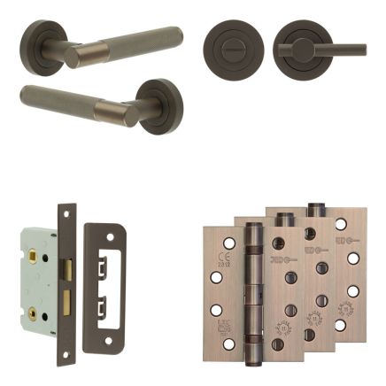 Complete Bari Door Handle Pack - Bathroom Lock (Plain Thumb Turn) - Dark Bronze - 65mm / 4-inch Hinges - JE-D5A2-DB