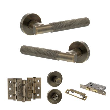 Senza Pari Rosarno Door Handle Pack (Bathroom Set - 2.5" CE Bathroom Lock, 3" Fire Rated Hinges x3) - Antique Brass