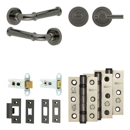 Complete Classic Door Handle Pack - Heavy Duty Tubular Bathroom (Plain Thumb Turn) - Black Nickel - 64mm / 3-inch Hinges - JE-A30B2-BN