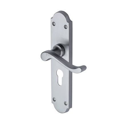 Heritage Brass Door Handle for Euro Profile Plate Savoy Long Design Satin Chrome finish