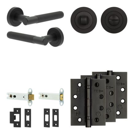 Complete Venice Door Handle Pack - Heavy Duty Tubular Bathroom (Standard Thumb Turn) - Matt Black - 102mm / 4-inch Hinges - JE-F32A3-MB
