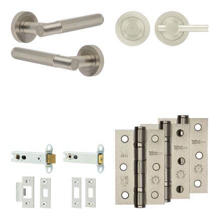 Complete Bari Door Handle Pack - Heavy Duty Tubular Bathroom (Plain Thumb Turn) - Satin Nickel - 102mm / 3-inch Hinges - JE-D32B2-SN