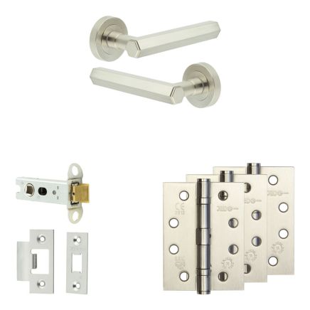Complete Hex Door Handle Pack - Heavy Duty Latch - Satin Nickel - 76mm / 4-inch Hinges - JE-C21A-SN