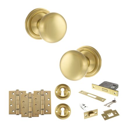 Old English Harrogate Door Knob Pack (Lock Set - 3" Latch & Deadlock, 4" Fire Rated Hinges x3) - Satin Brass