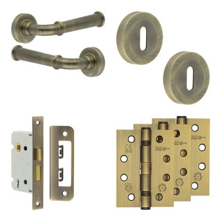 Complete Classic Door Handle Pack - Sashlock - Antique Brass - 65mm / 4-inch Hinges - JE-A7A8-AB