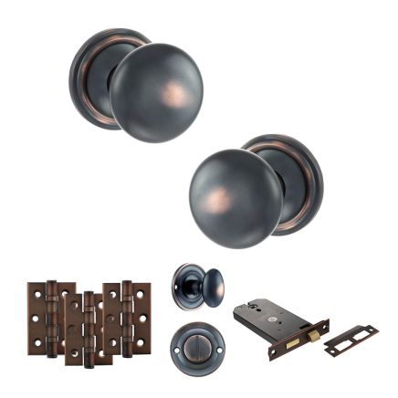 Old English Harrogate Door Knob Pack (Lock Set - Horizontal Bathlock, 3" Fire Rated Hinges x3) - Antique Copper