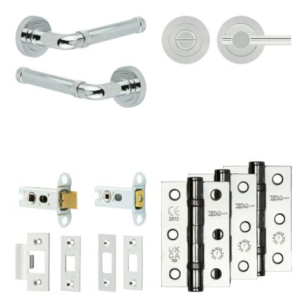 Complete Midtown Door Handle Pack - Heavy Duty Tubular Bathroom (Plain Thumb Turn) - Polished Chrome - 64mm / 3-inch Hinges - JE-G30B2-PC