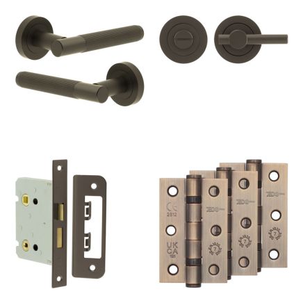 Complete Venice Door Handle Pack - Bathroom Lock (Plain Thumb Turn) - Dark Bronze - 76mm / 3-inch Hinges - JE-F6B2-DB