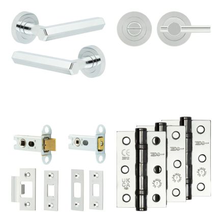 Complete Hex Door Handle Pack - Heavy Duty Tubular Bathroom (Plain Thumb Turn) - Polished Chrome - 64mm / 3-inch Hinges - JE-C30B2-PC
