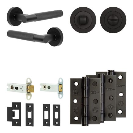 Complete Bari Door Handle Pack - Heavy Duty Tubular Bathroom (Standard Thumb Turn) - Matt Black - 76mm / 3-inch Hinges - JE-D31B3-MB