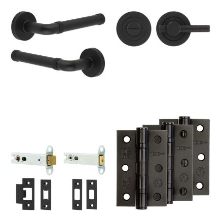 Complete Midtown Door Handle Pack - Heavy Duty Tubular Bathroom (Knurled Thumb Turn) - Matt Black - 102mm / 3-inch Hinges - JE-G32B1-MB