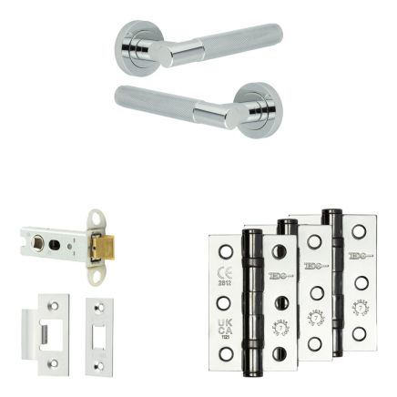 Complete Bari Door Handle Pack - Heavy Duty Latch - Polished Chrome - 76mm / 3-inch Hinges - JE-D21B-PC