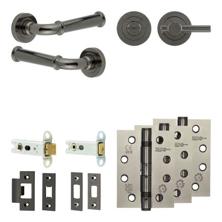 Complete Classic Door Handle Pack - Heavy Duty Tubular Bathroom (Plain Thumb Turn) - Black Nickel - 76mm / 4-inch Hinges - JE-A31A2-BN