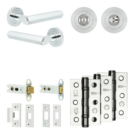 Complete Hex Door Handle Pack - Heavy Duty Tubular Bathroom (Standard Thumb Turn) - Polished Chrome - 76mm / 3-inch Hinges - JE-C31B3-PC