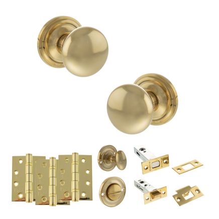 Old English Harrogate Door Knob Pack (Bathroom Set - 3" Deadbolt, 4" Fire Rated Hinges x3) - Raw Brass