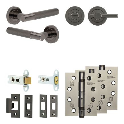 Complete Bari Door Handle Pack - Heavy Duty Tubular Bathroom (Plain Thumb Turn) - Black Nickel - 64mm / 4-inch Hinges - JE-D30A2-BN