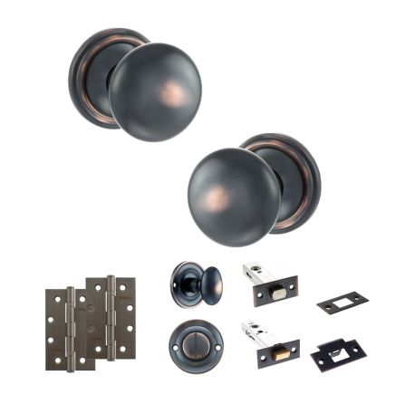 Old English Harrogate Door Knob Pack (Bathroom Set - 3" Deadbolt, 4" Slim Knuckle Hinges x2) - Antique Copper