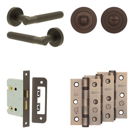 Complete Venice Door Handle Pack - Bathroom Lock (Standard Thumb Turn) - Dark Bronze - 76mm / 3-inch Hinges - JE-F6B3-DB