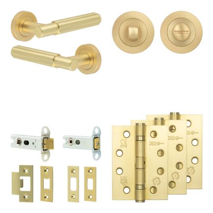 Complete Bloom Door Handle Pack - Heavy Duty Tubular Bathroom (Standard Thumb Turn) - Satin Brass - 76mm / 4-inch Hinges - JE-B31A3-SB