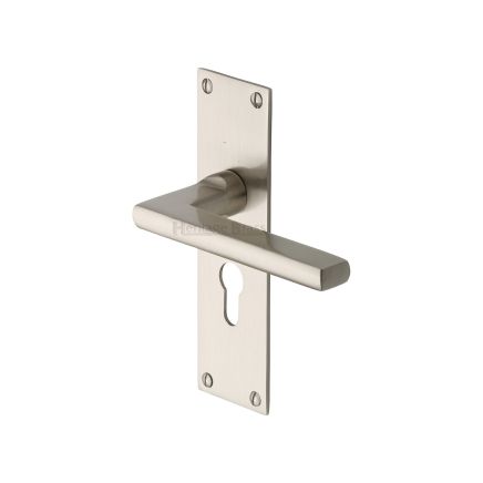 Heritage Brass Door Handle Euro Profile Plate Trident Design Satin Nickel Finish
