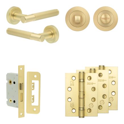 Complete Venice Door Handle Pack - Bathroom Lock (Standard Thumb Turn) - Satin Brass - 65mm / 4-inch Hinges - JE-F5A3-SB