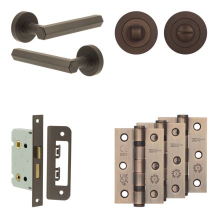 Complete Hex Door Handle Pack - Bathroom Lock (Standard Thumb Turn) - Dark Bronze - 65mm / 3-inch Hinges - JE-C5B3-DB