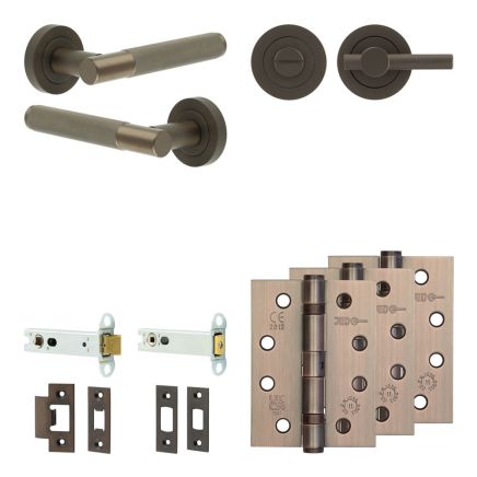 Complete Bari Door Handle Pack - Heavy Duty Tubular Bathroom (Knurled Thumb Turn) - Dark Bronze - 102mm / 4-inch Hinges - JE-D32A1-DB