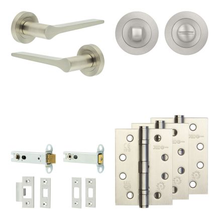 Complete Gio Door Handle Pack - Heavy Duty Tubular Bathroom (Standard Thumb Turn) - Satin Nickel - 102mm / 4-inch Hinges - JE-E32A3-SN
