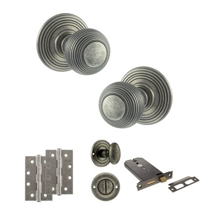 Old English Ripon Door Knob Pack (Lock Set - Horizontal Bathlock, 4" Slim Knuckle Hinges x2) - Distressed Silver
