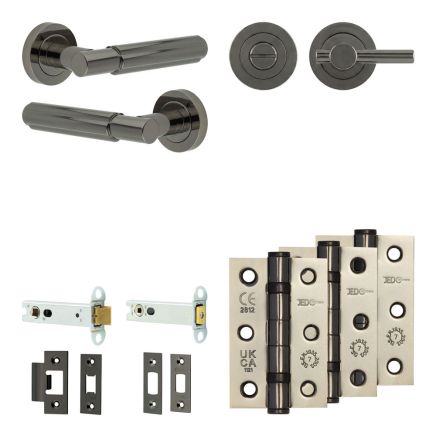 Complete Bloom Door Handle Pack - Heavy Duty Tubular Bathroom (Plain Thumb Turn) - Black Nickel - 102mm / 3-inch Hinges - JE-B32B2-BN