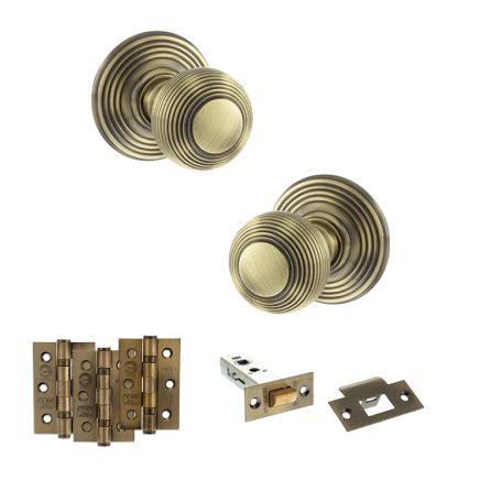 Old English Ripon Door Knob Pack (Latch Set - 3" HD Latch, 3" Fire Rated Hinges x3) - Antique Brass