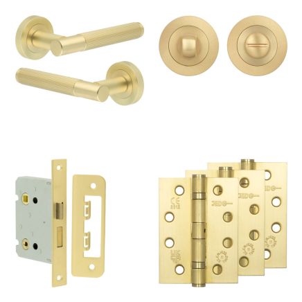 Complete Venice Door Handle Pack - Bathroom Lock (Standard Thumb Turn) - Satin Brass - 76mm / 4-inch Hinges - JE-F6A3-SB