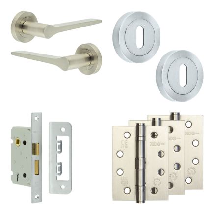 Complete Gio Door Handle Pack - Sashlock - Satin Nickel - 65mm / 4-inch Hinges - JE-E7A8-SN