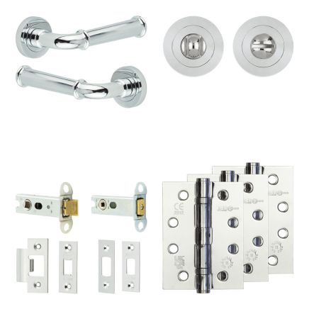 Complete Classic Door Handle Pack - Heavy Duty Tubular Bathroom (Standard Thumb Turn) - Polished Chrome - 76mm / 4-inch Hinges - JE-A31A3-PC