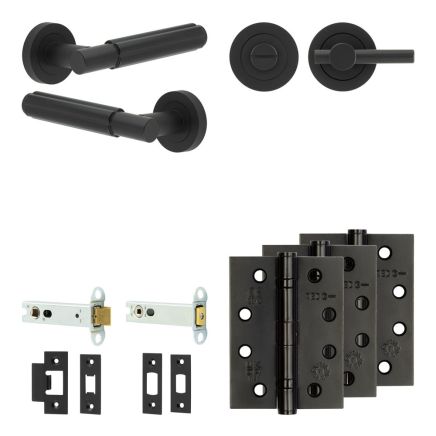 Complete Bloom Door Handle Pack - Heavy Duty Tubular Bathroom (Plain Thumb Turn) - Matt Black - 102mm / 4-inch Hinges - JE-B32A2-MB