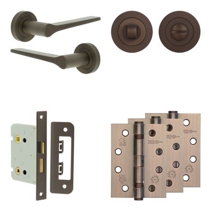 Complete Gio Door Handle Pack - Bathroom Lock (Standard Thumb Turn) - Dark Bronze - 76mm / 4-inch Hinges - JE-E6A3-DB