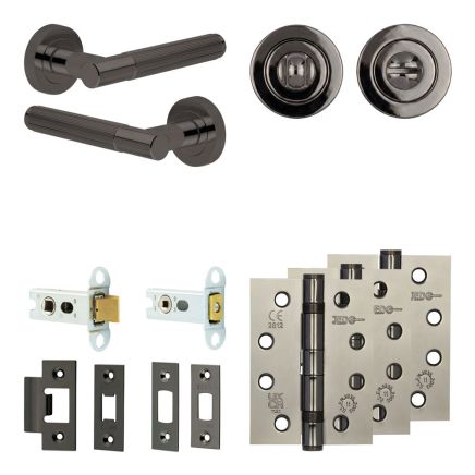 Complete Venice Door Handle Pack - Heavy Duty Tubular Bathroom (Standard Thumb Turn) - Black Nickel - 64mm / 4-inch Hinges - JE-F30A3-BN