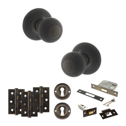 Old English Ripon Door Knob Pack (Lock Set - 3" Latch & Deadlock, 3" Fire Rated Hinges x3) - Urban Dark Bronze