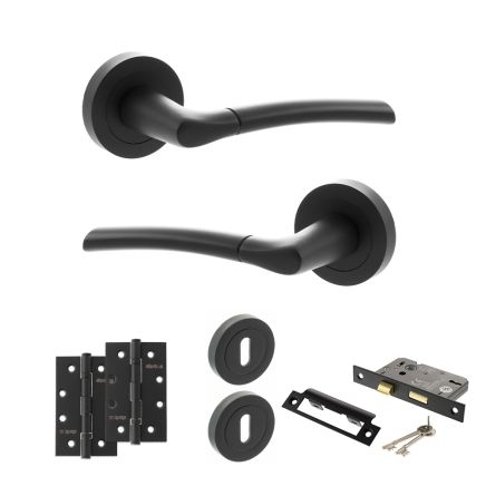 STATUS Indiana Door Handle Pack (3 Lever Lock Set - 3" CE Sashlock, 4" Slim Knuckle Hinges x2) - Matt Black