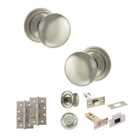 Old English Harrogate Door Knob Pack (Bathroom Set - 3" Deadbolt, 4" Slim Knuckle Hinges x2) - Satin Nickel