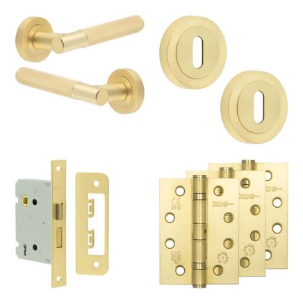 Complete Bari Door Handle Pack - Sashlock - Satin Brass - 76mm / 4-inch Hinges - JE-D8A8-SB