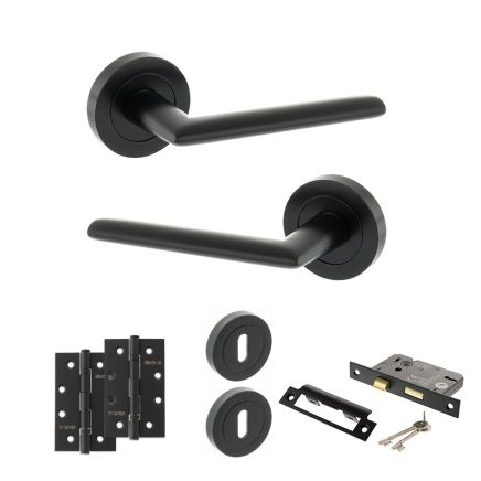 STATUS Alabama Door Handle Pack (3 Lever Lock Set - 2.5" CE Sashlock, 4" Slim Knuckle Hinges x2) - Matt Black