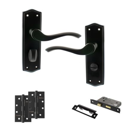 Old English Warwick Door Handle Pack (Bathroom Set - 2.5" CE Bathroom Lock, 4" Slim Knuckle Hinges x2) - Matt Black