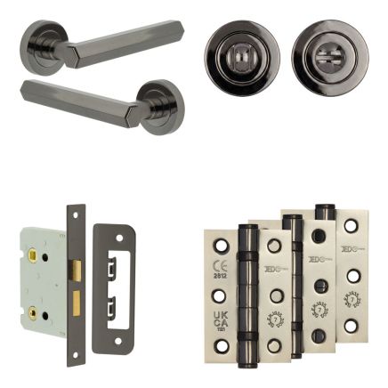 Complete Hex Door Handle Pack - Bathroom Lock (Standard Thumb Turn) - Black Nickel - 76mm / 3-inch Hinges - JE-C6B3-BN