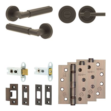 Complete Bloom Door Handle Pack - Heavy Duty Tubular Bathroom (Plain Thumb Turn) - Dark Bronze - 64mm / 4-inch Hinges - JE-B30A2-DB