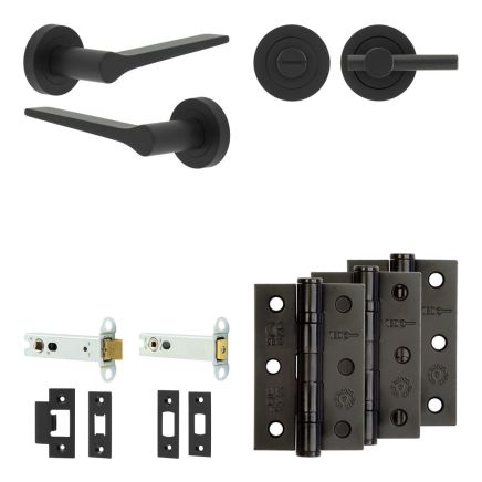 Complete Gio Door Handle Pack - Heavy Duty Tubular Bathroom (Plain Thumb Turn) - Matt Black - 102mm / 3-inch Hinges - JE-E32B2-MB