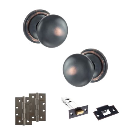 Old English Harrogate Door Knob Pack (Latch Set - 3" HD Latch, 4" Slim Knuckle Hinges x2) - Antique Copper