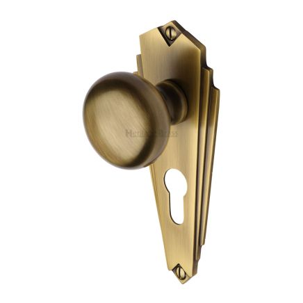 Heritage Brass Mortice Knob on Euro Profile Plate Broadway Design Antique Brass finish