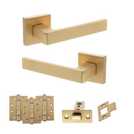 STATUS Montana Door Handle Pack (Latch Set - 2.5" CE Latch, 4" Fire Rated Hinges x3) - Satin Brass